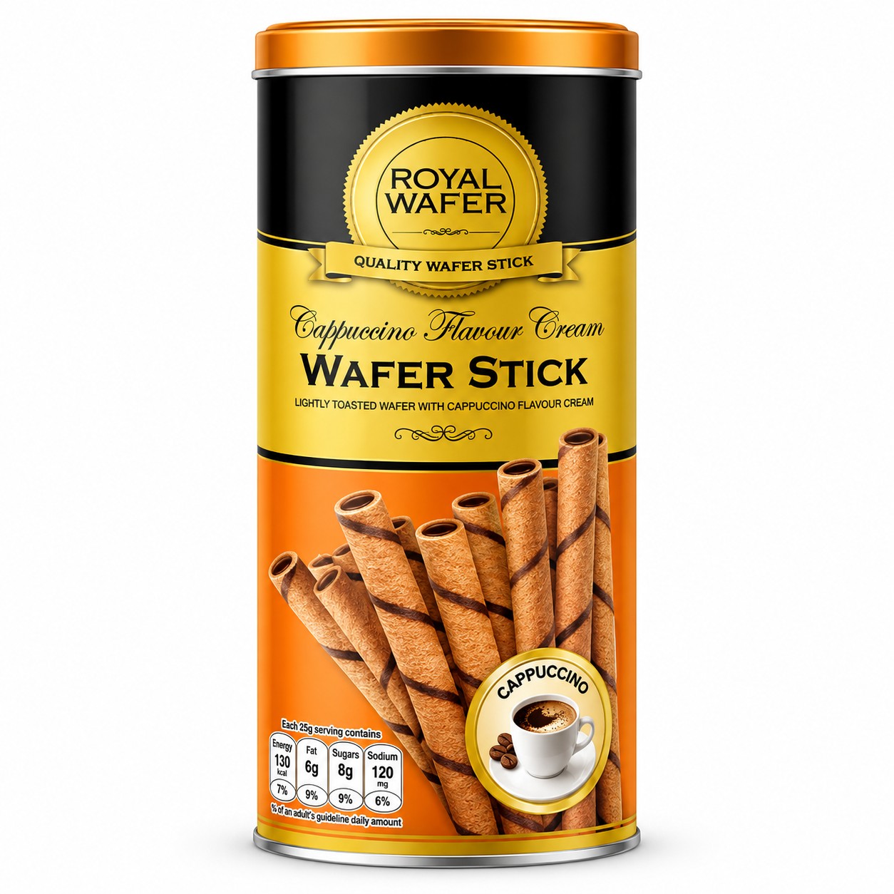 Vfoods Royal Wafer Cappuccino Flavor Cream Wafer Stick Tin 125g