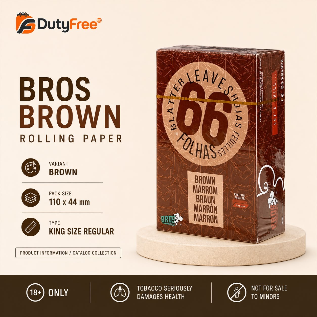 Bros Brown 66 Leaves King Slim Size Smoking Unbleached Rolling Paper