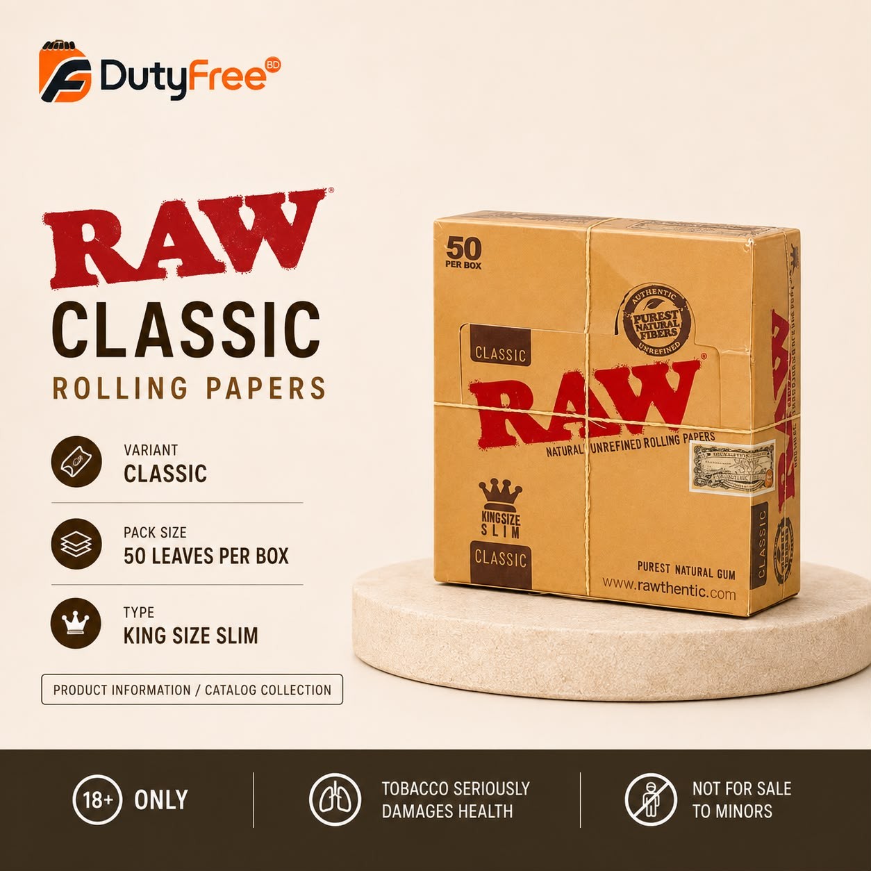 Raw Classic King Size Slim Rolling Paper Full Box of 50 Packs